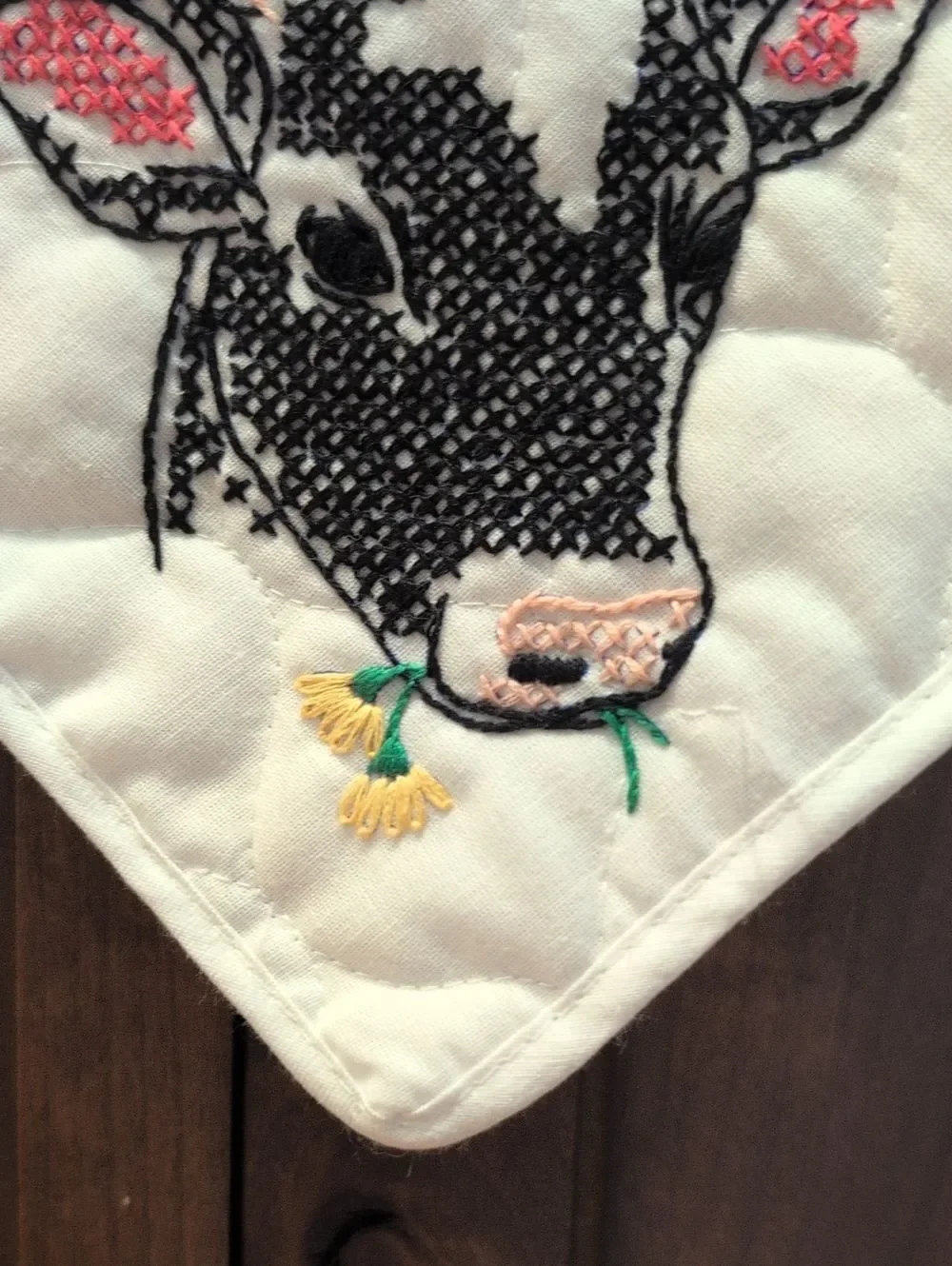 Vintage Handmade Cow Cross-stitch Quilted Square Potholder